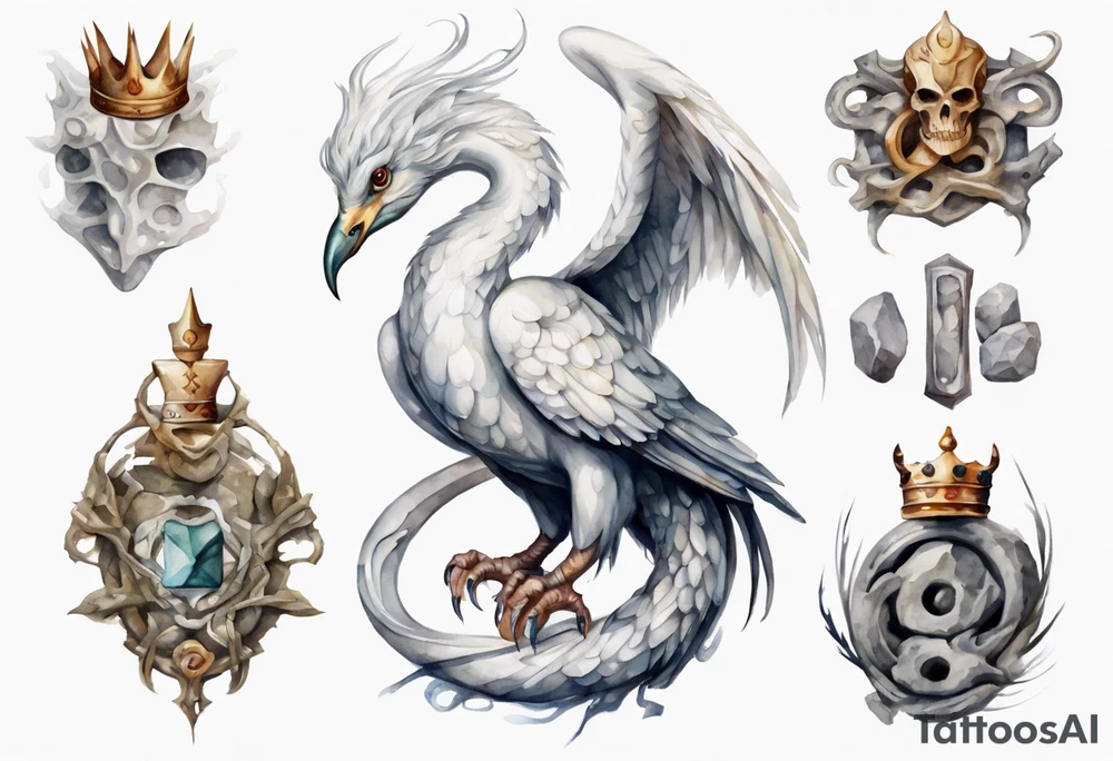a watercolor of a white bird-serpent hybrid wearing an iron crown, perched upon a stone tattoo idea