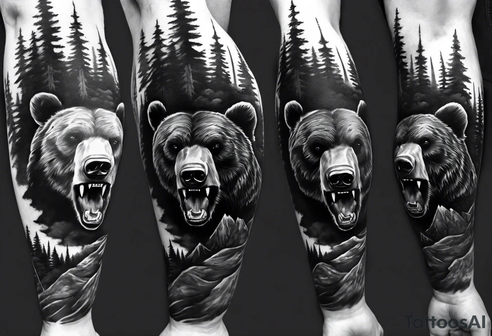 bear head right above the forest line with a lake below, full sleeve tattoo tattoo idea bear head right above the forest line with a lake below, full sleeve tattoo tattoo idea