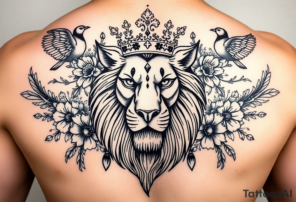 powerful majestic lion with a crown, surrounded by floral ornaments and birds tattoo idea