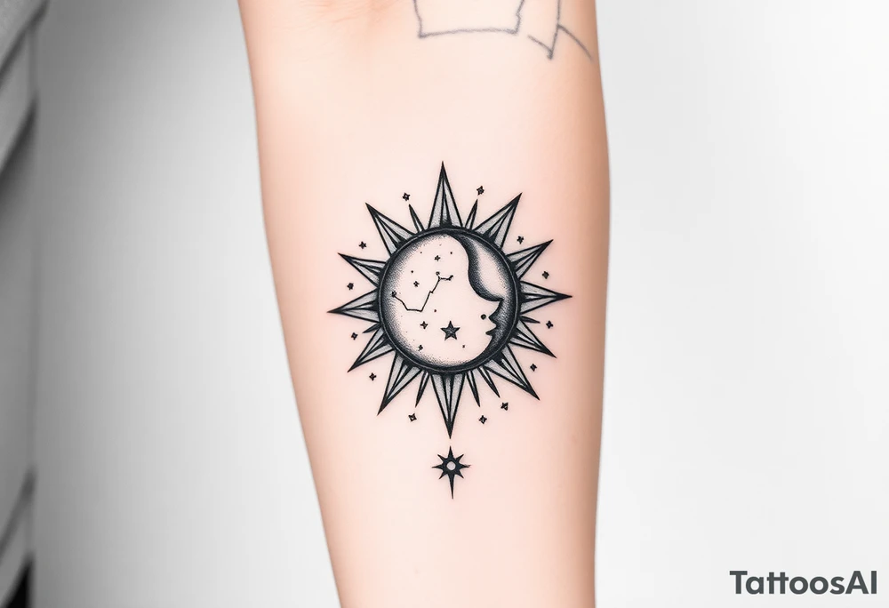 celestial sun and moon embrace with constellation patterns tattoo idea