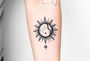 celestial sun and moon embrace with constellation patterns tattoo idea