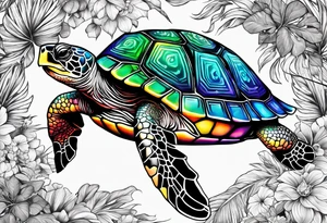 tropical psychedelic turtle, aerial view, from above, high perspective tattoo idea