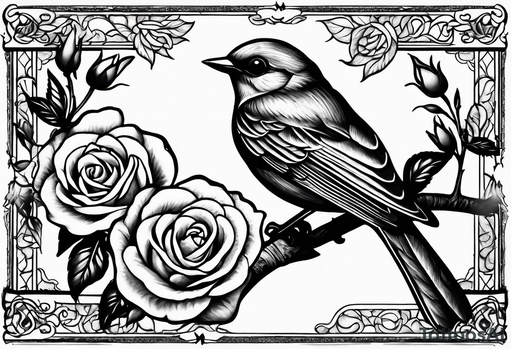 A Nightingale singing in a bush of Damascus roses above a music sheet tattoo idea A Nightingale singing in a bush of Damascus roses above a music sheet tattoo idea