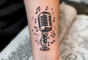 Vintage Microphone Tattoo – A classic, detailed black and gray tattoo of a vintage microphone with intricate shading, surrounded by musical notes floating around it in soft gold and bronze hues. tattoo idea
