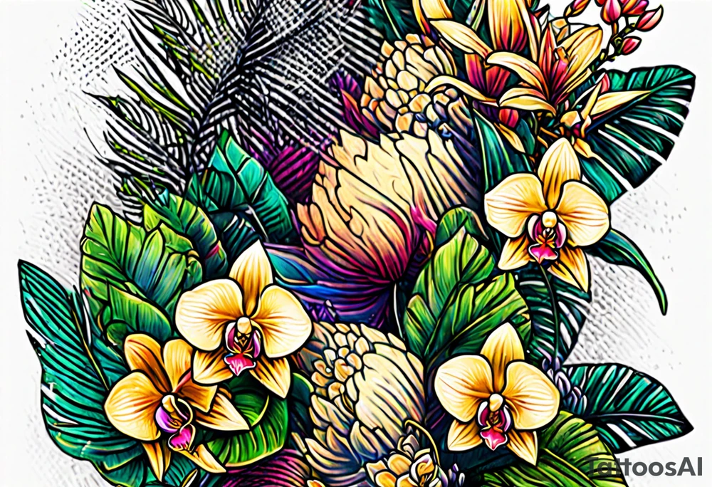 Tropical plants and orchids full sleeve tattoo idea