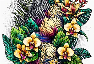 Tropical plants and orchids full sleeve tattoo idea