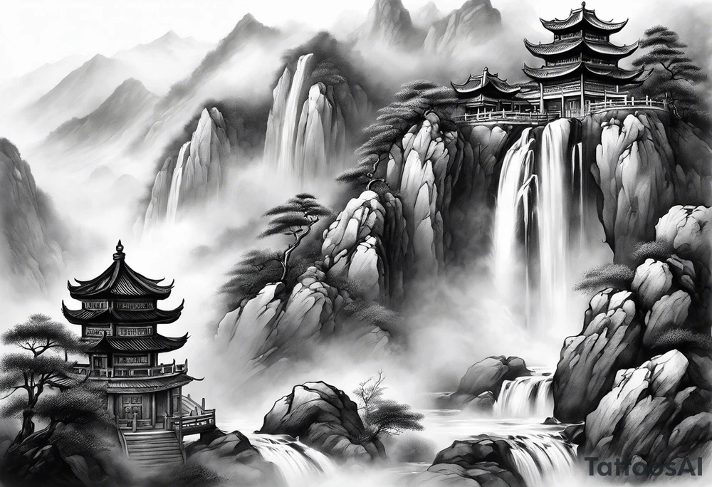 forearm sleeve traditional chinese art painting Chinese temple two old men wearing robes and drinking tea mountains mist fog waterfall tattoo idea