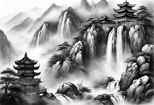 forearm sleeve traditional chinese art painting Chinese temple two old men wearing robes and drinking tea mountains mist fog waterfall tattoo idea
