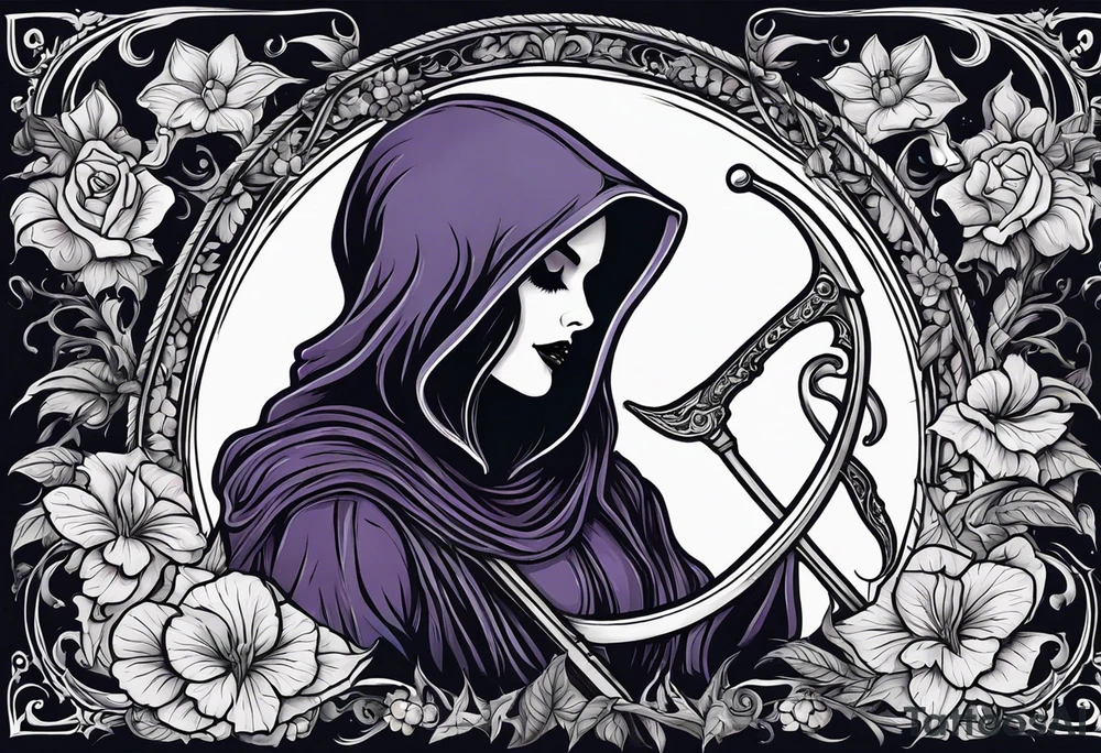 cute feminine grim reaper with scythe and nightshade tattoo idea
