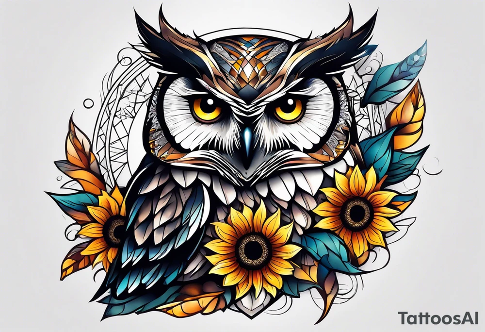Owl and sunflower sleeve tattoo idea