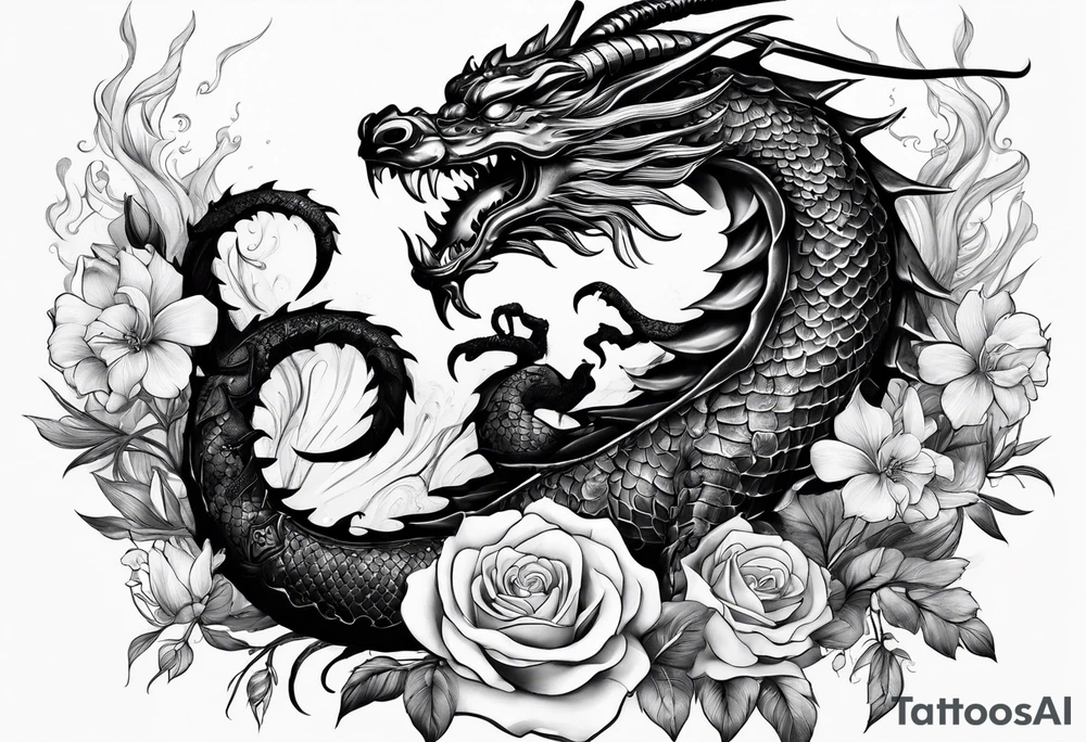 Scorpion and dragon surrounded by smokes and flowers tattoo idea
