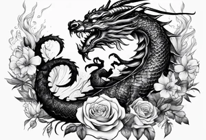 Scorpion and dragon surrounded by smokes and flowers tattoo idea