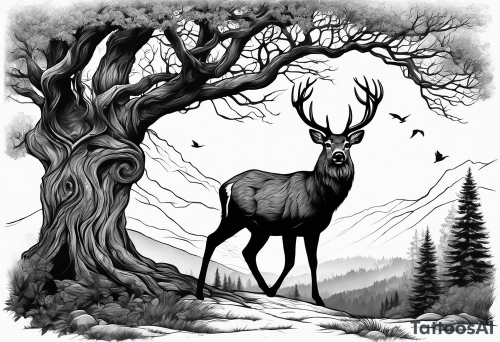 Trees with a tree stand and a deer in front tattoo idea