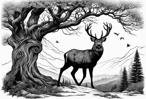 Trees with a tree stand and a deer in front tattoo idea