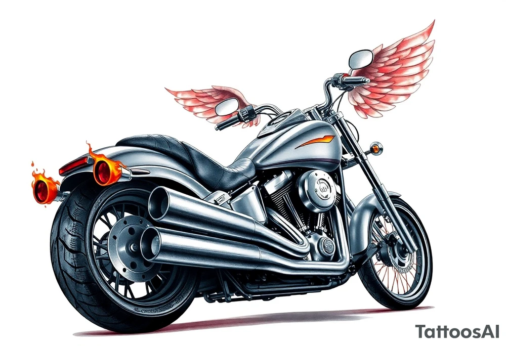 Low rider grey motorcycle, big muffler pipes with flames, angel wings, driving away, no person tattoo idea