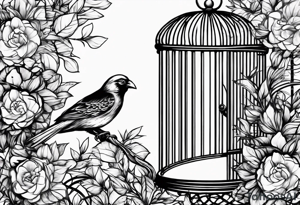 big bird in a long but too small cage for him. the bird seats in the cage and the wings of the bird passing threw the bars of the cage.
 Add decoration outside the cage like flowers or foliage tattoo idea