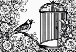 big bird in a long but too small cage for him. the bird seats in the cage and the wings of the bird passing threw the bars of the cage.
 Add decoration outside the cage like flowers or foliage tattoo idea