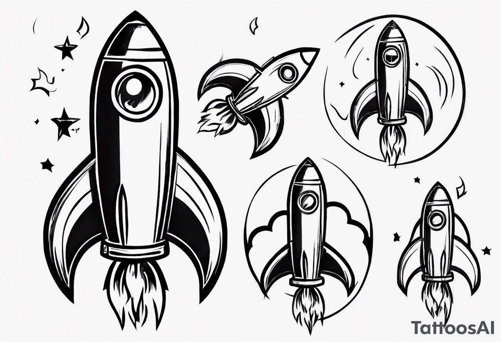 Super simple cartoon rocket ship with a round window, 3 fins, and fire coming out the bottom

Add some shading and detail to make less basic tattoo idea