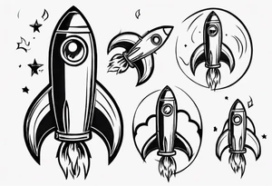 Super simple cartoon rocket ship with a round window, 3 fins, and fire coming out the bottom

Add some shading and detail to make less basic tattoo idea