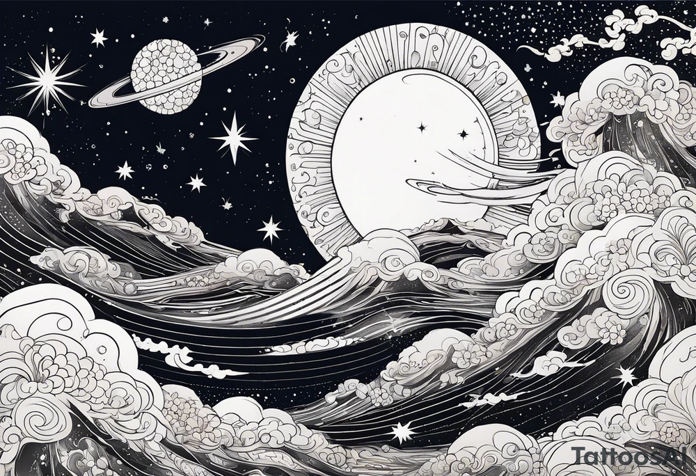 Celestial Galaxy scene with beautiful details of gas stars and space tattoo idea