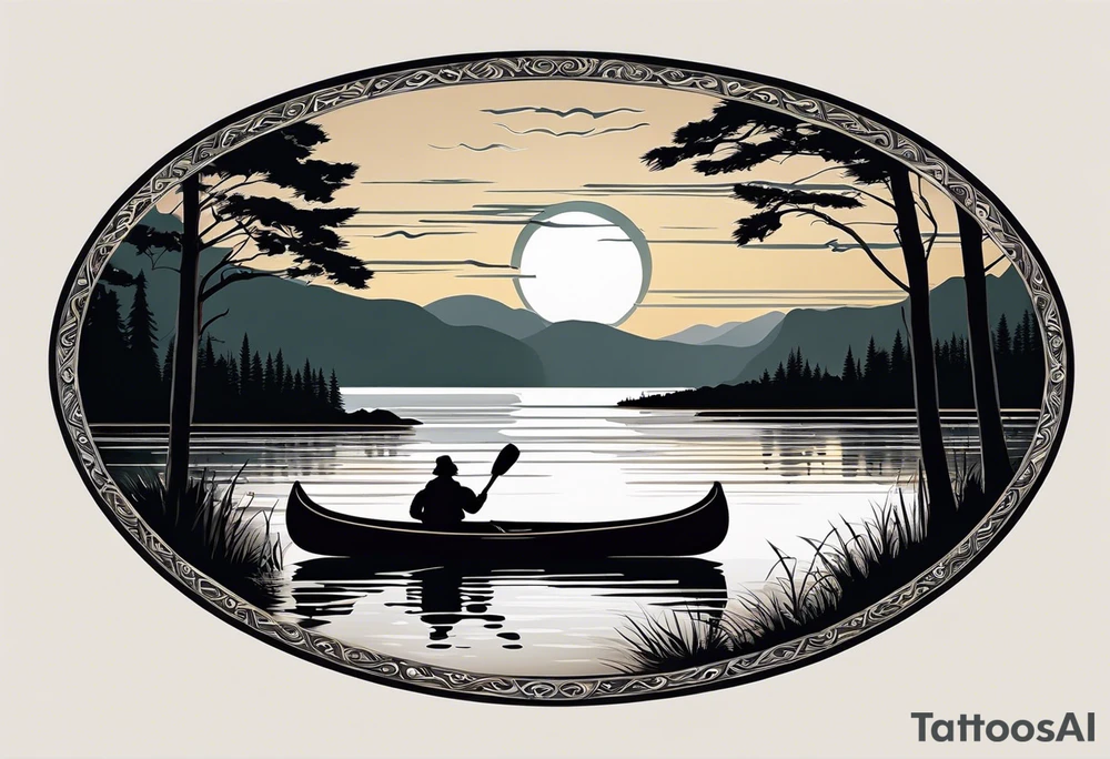 The tattoo design depicts a serene nature scene, framed within a semi-circular border. In the foreground, there are two people sitting in a canoe on a calm lake. They are paddling towards the horizon, with one person sitting at the back of the canoe and the other at the front. The back view of the people suggests a peaceful and contemplative moment shared between them.

In the background, there are majestic mountains with peaks covered in snow, creating a dramatic and picturesque landscape. The mountains are flanked by tall pine trees on either side, adding to the wilderness feel of the scene. Above the mountains, a large sun is either rising or setting, casting a tranquil glow over the entire scene. Birds are flying in the sky, adding to the sense of freedom and natural beauty.

The entire scene is rendered in a minimalist, black and white, line-drawing style, giving it a clean and elegant appearance. The semi-circular frame around the design focuses attention on the central elements and adds a sense of completeness to the image. black and white tattoo idea