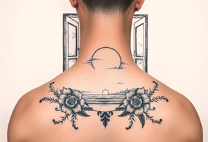 A sunset across the ocean, looking out of a window with Turkish ornamental accents and floral touches tattoo idea