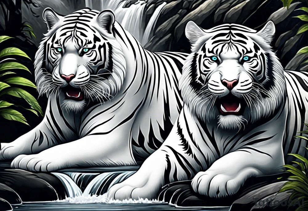 Two white tigers in nature separated by a waterfall tattoo idea