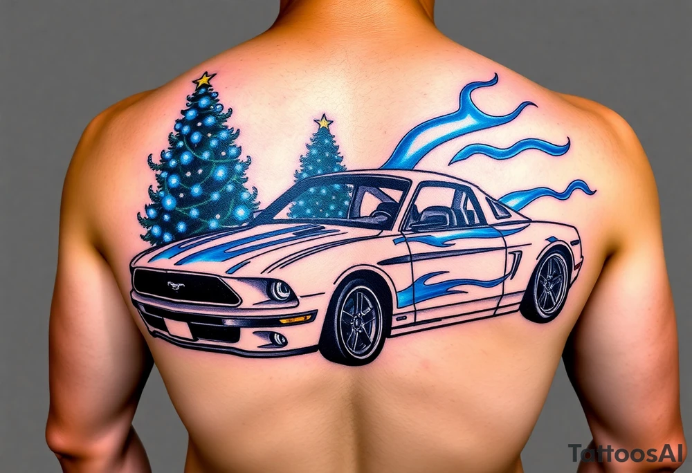 Blue flames, drag racing christmas tree, garrett turbo, nitrous purge, procharger, procomp ultra-lite at 8200rpm, ford racing, ford performance, fox body mustang with 17 in wheels, ford blue tattoo idea