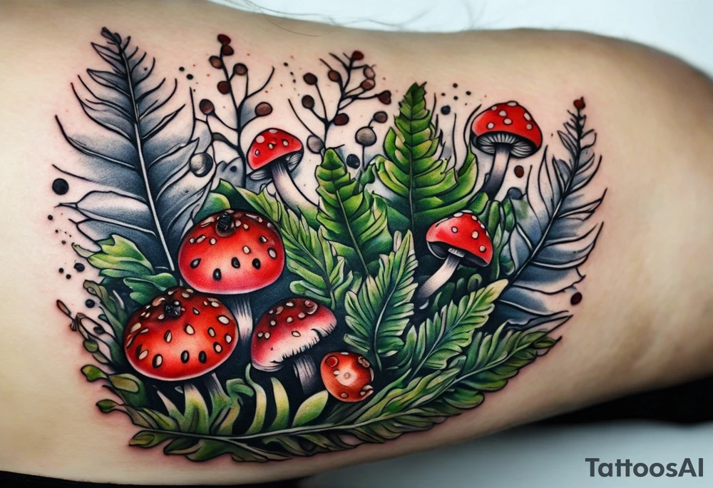 forest floor inspired tattoo, which includes grass, curly ferns and dead leaves as the bulk of the tattoo. details to include: three  tiny strawberries, couple of very small mushrooms, a tiny bumblebee flying nearby tattoo idea