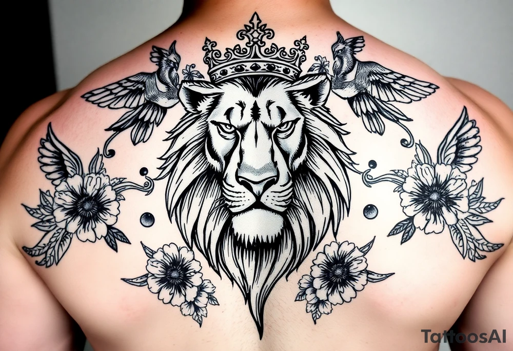 powerful majestic lion with a crown, surrounded by floral ornaments and birds tattoo idea