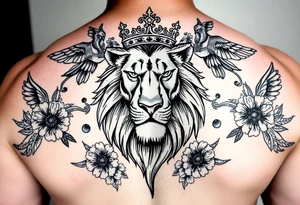 powerful majestic lion with a crown, surrounded by floral ornaments and birds tattoo idea