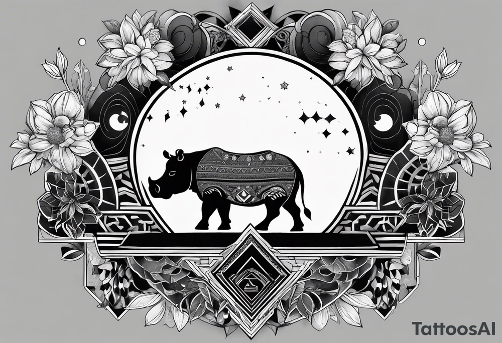 Very asymmetrical, +geometric pattern, with realistic full moon, with hippo,+tribal, +geometric, +inkart , +blackwork, +grey scale, + sketch
with wintersweet flower bud, +for men, detailed layering , modify from my favourites , not like a cow tattoo idea