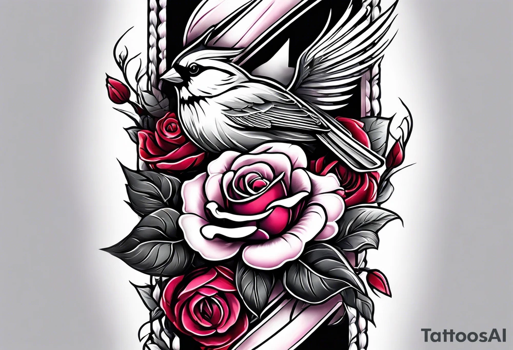 memorial forearm tattoo incorporating roses, a breast cancer ribbon and a cardinal into the tattoo tattoo idea