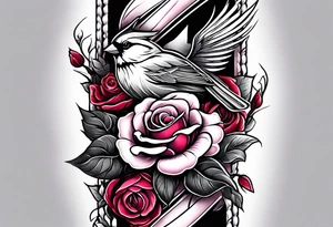 memorial forearm tattoo incorporating roses, a breast cancer ribbon and a cardinal into the tattoo tattoo idea