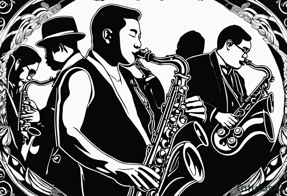 Thai boxer playing on tenor saxophone in a jazz club front of a jazz trio band. The notes are coming out from the saxophone and turning into buddhist symbols. tattoo idea