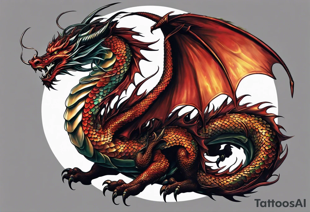 An epic floating asian dragon. Its long body coiling dynamically, with scales and horns detailed to create a sense of movement and strength. The dragon's color is giving a vibrant depth and a mystical aura. This tattoo highlights the dragon’s fierce expression and sharp claws. tattoo idea