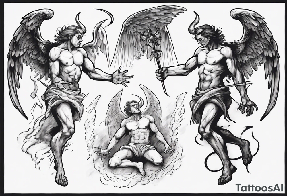 an angel being transformed into a demon while trying to fight back tattoo idea