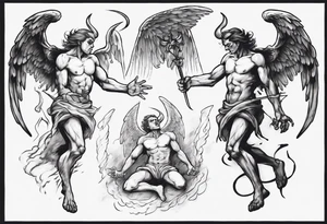 an angel being transformed into a demon while trying to fight back tattoo idea