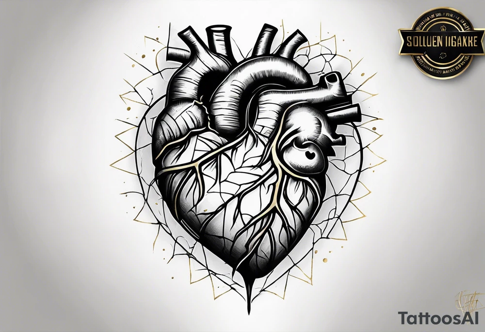 Realistic broken  heart with gold sealant lines tattoo idea