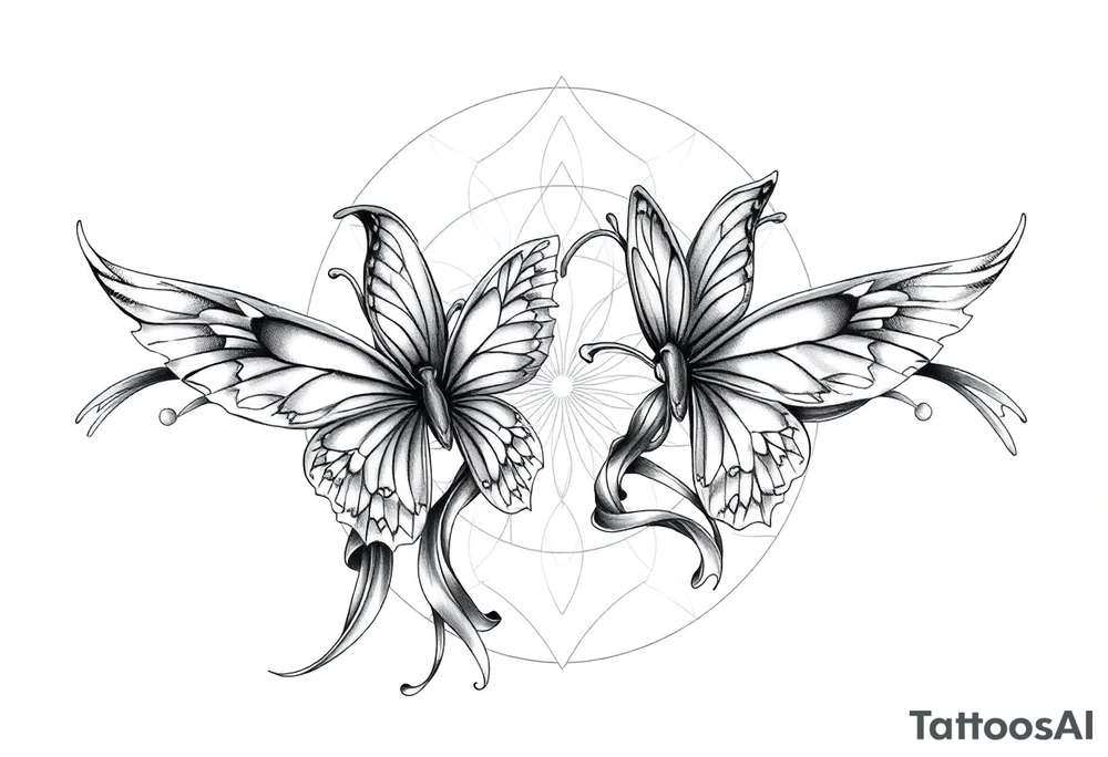 ethereal butterflies with flowing silk ribbons in geometric mandala tattoo idea