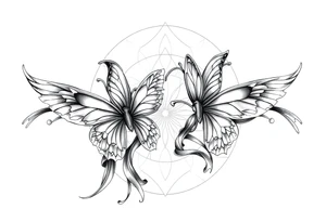 ethereal butterflies with flowing silk ribbons in geometric mandala tattoo idea