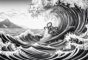 Ocean waves with anchor and octopus tentacles tattoo idea