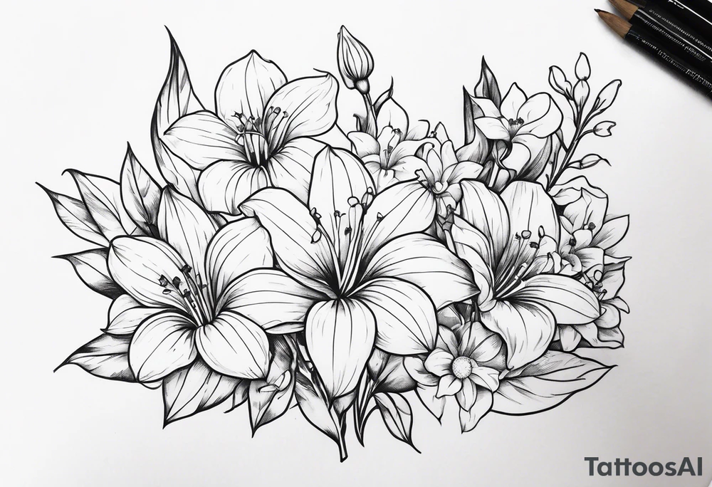Aster, morning glory and lily of the valley flowers tattoo idea
