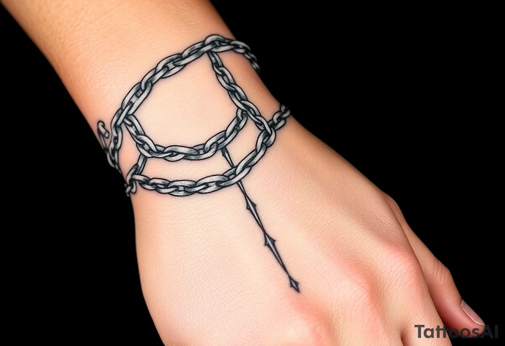 Chains wrapped around wrist going up to the thumb and index finger and connecting tattoo idea