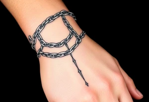 Chains wrapped around wrist going up to the thumb and index finger and connecting tattoo idea