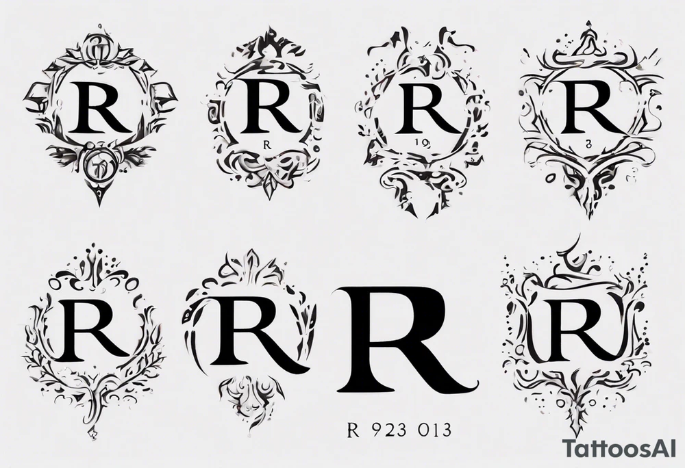 Letter R with date 09.01.23 and time 10:39AM tattoo idea