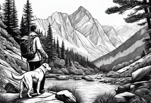 father son hiking with their dog and cat in the mountains, nature, waterfall, rive tattoo idea