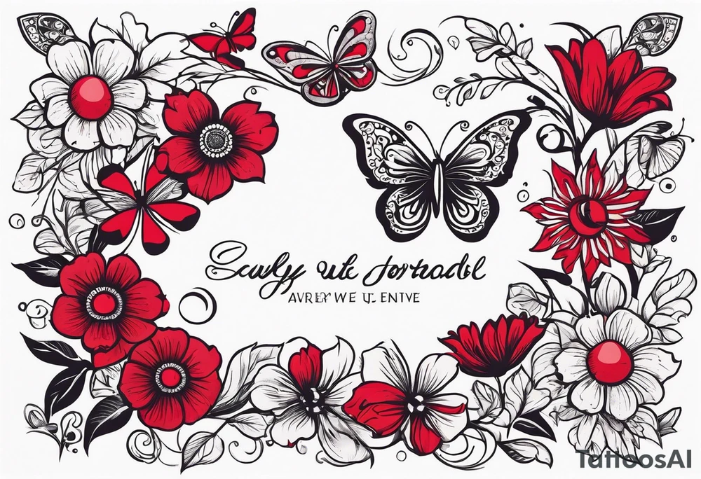 Flowers with Ruby and butterflies around it tattoo idea