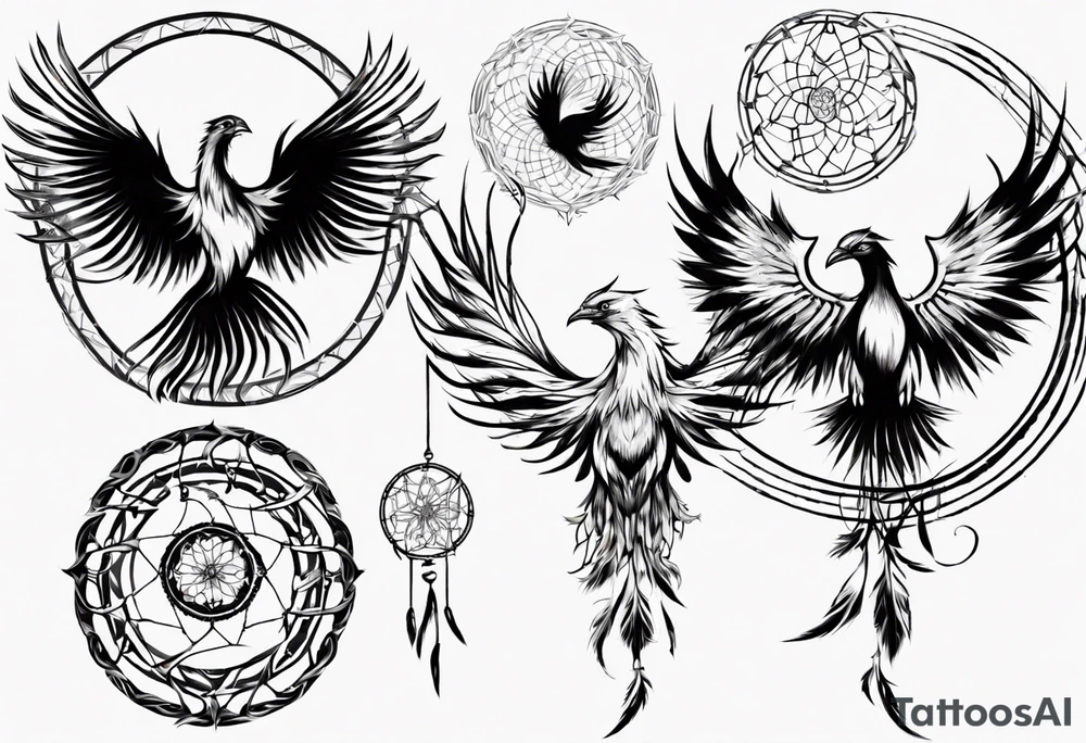 Vertical open mouthed flying Phoenix in circle with abstract dream catcher tail tattoo idea