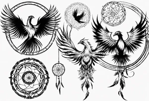 Vertical open mouthed flying Phoenix in circle with abstract dream catcher tail tattoo idea